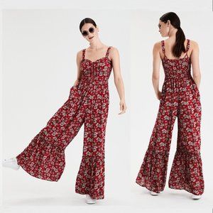 American Eagle red floral corset jumpsuit with flare legs, Size 4